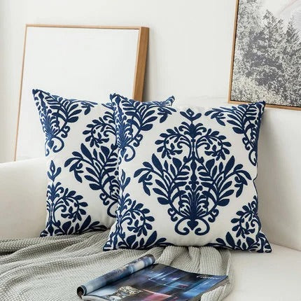 Housse coussin Vintage broderie Bleu 45x45cm
