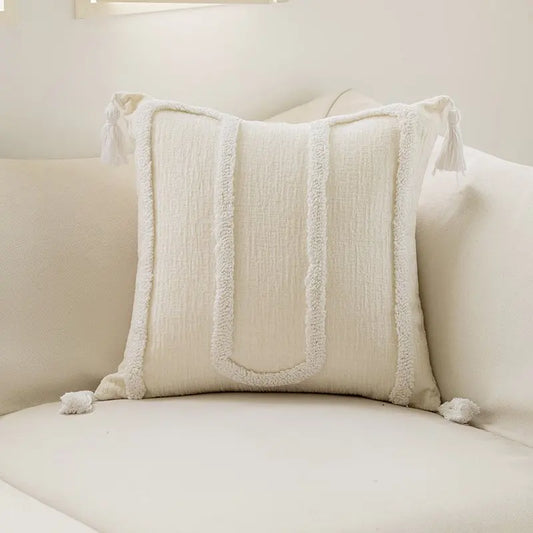 Housse de coussin bohème pompons<br>Chenille - Blanc