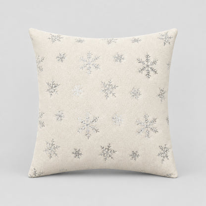 Housse de coussin déco Noël Snow Beige avec flocons métallisés finition Argent, 45x45cm