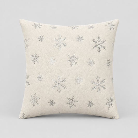 Housse de coussin déco Noël Snow Beige avec flocons métallisés finition Argent, 45x45cm