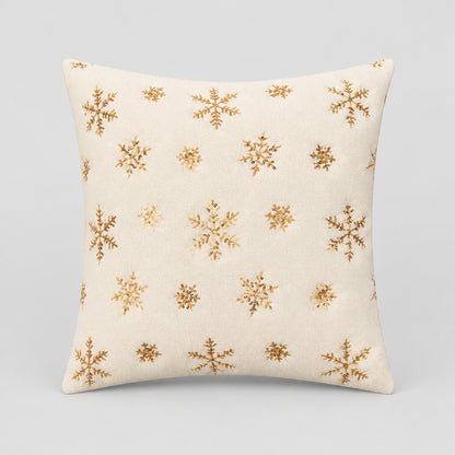 Housse de coussin déco Noël Snow Beige avec flocons métallisés finition Or, 45x45cm
