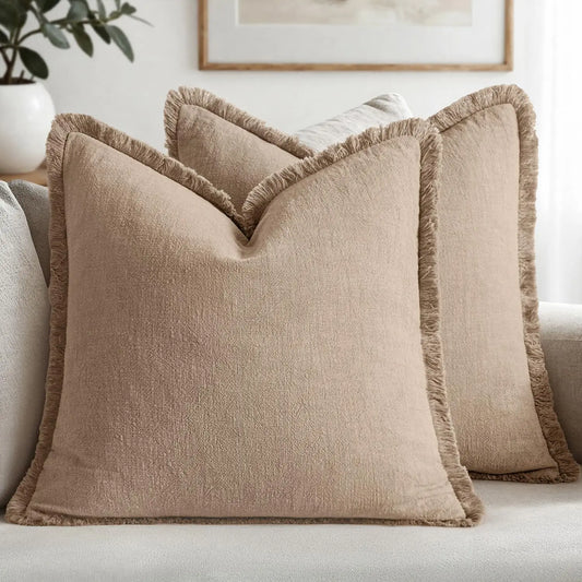 Housse de coussin en lin<br> Beige à franges