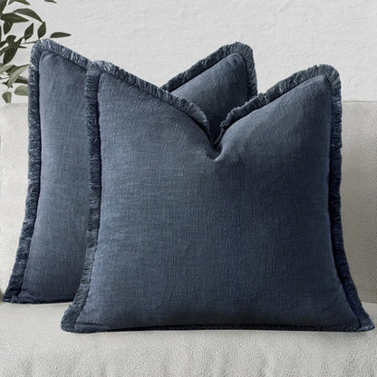 Housse de coussin en Lin<br> Bleu nuit à franges