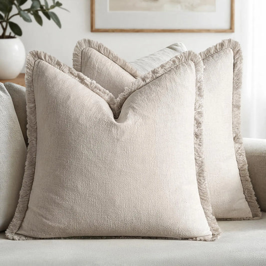 Housse de coussin en lin<br> Greige à franges