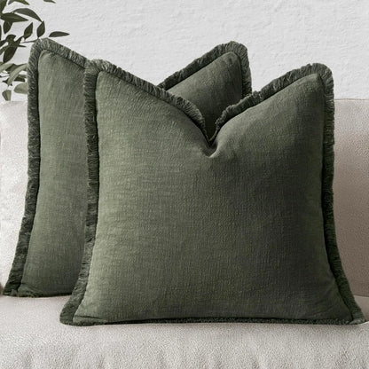 Housse de coussin en Lin<br> Kaki à franges