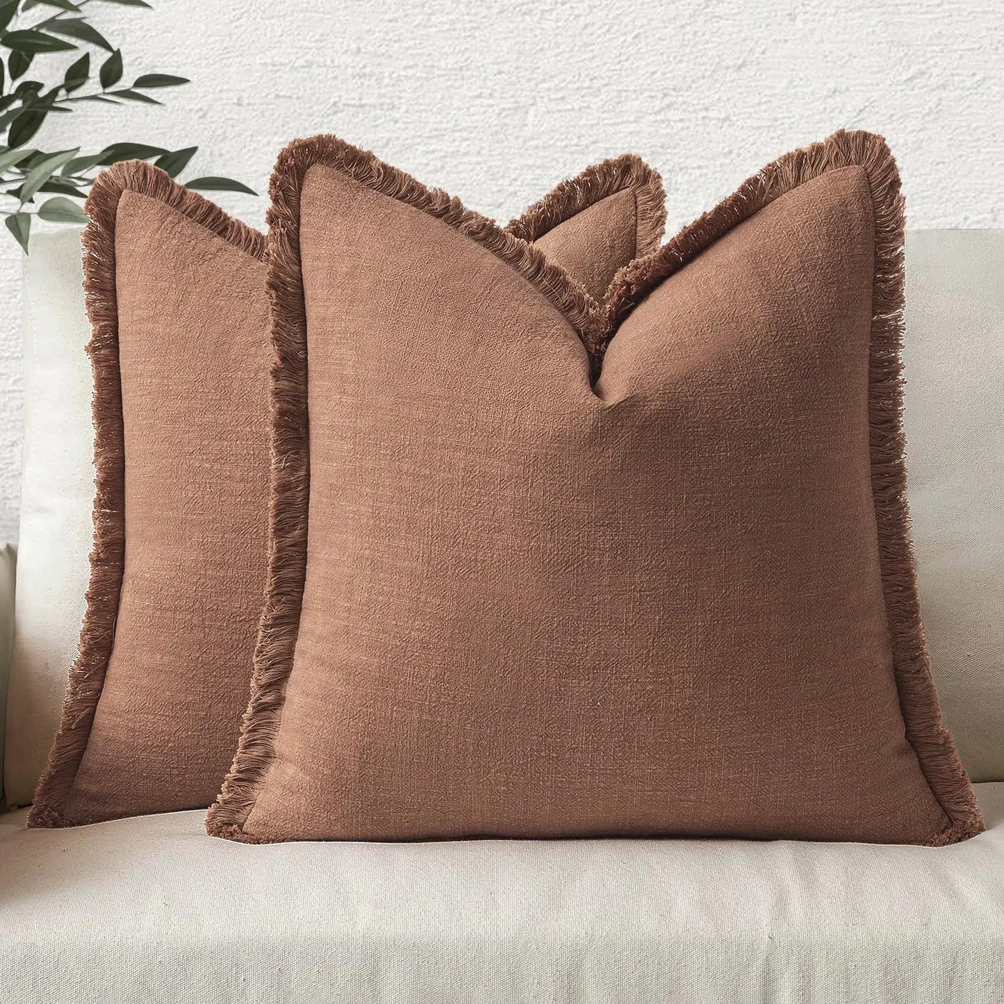 Housse de coussin en lin<br> Marron à franges