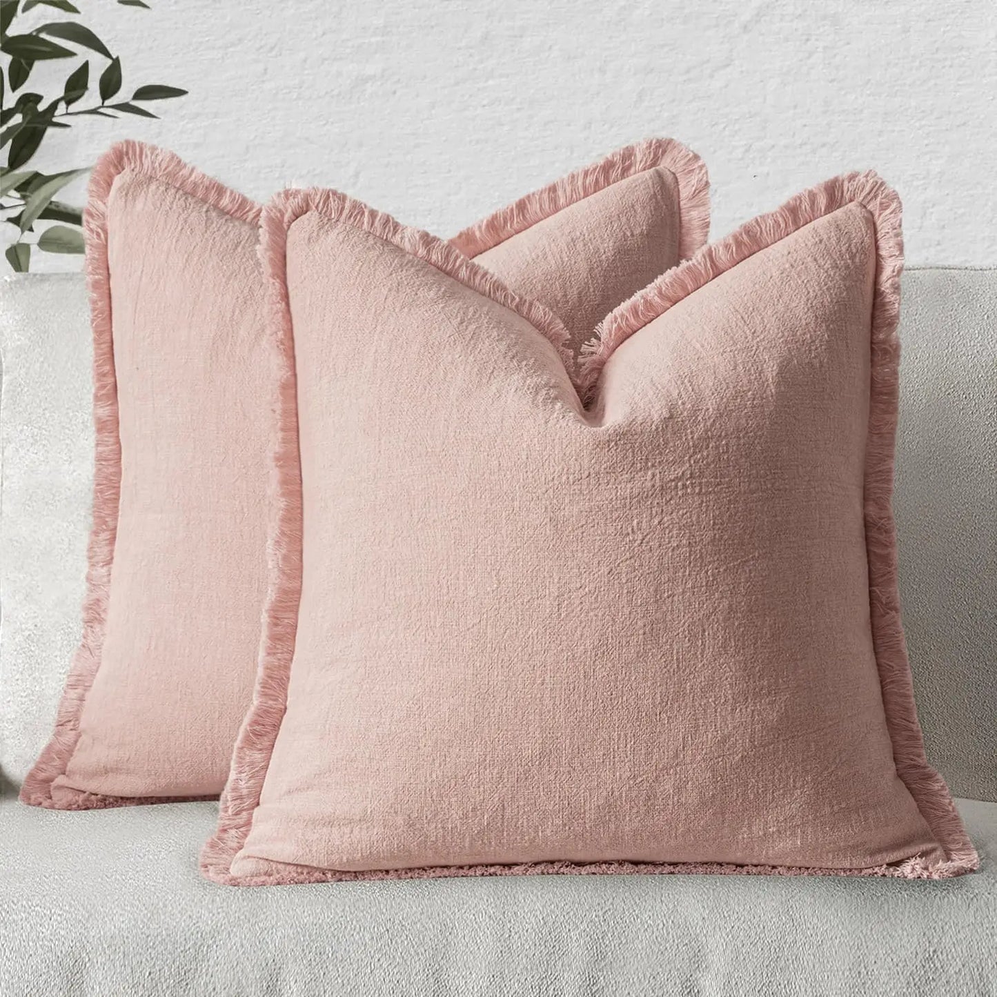 Housse de coussin en Lin<br> Rose à franges