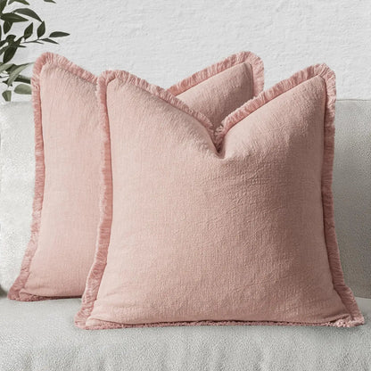 Housse de coussin en Lin<br> Rose à franges