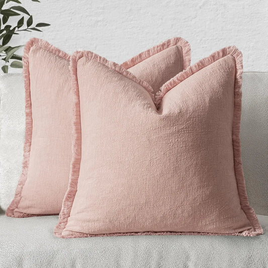 Housse de coussin en Lin<br> Rose à franges