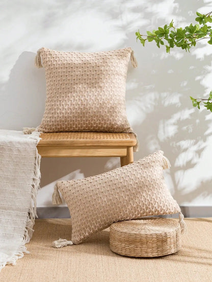 Housse de coussin en Maille et Pompons Vert Sauge