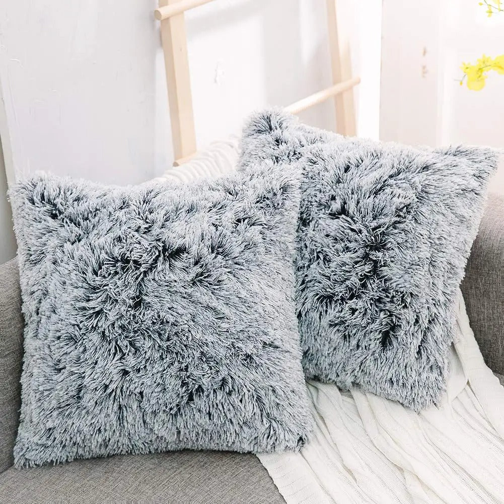 Housse de coussin<br> Fausse Fourrure Chiné Noir et Blanc