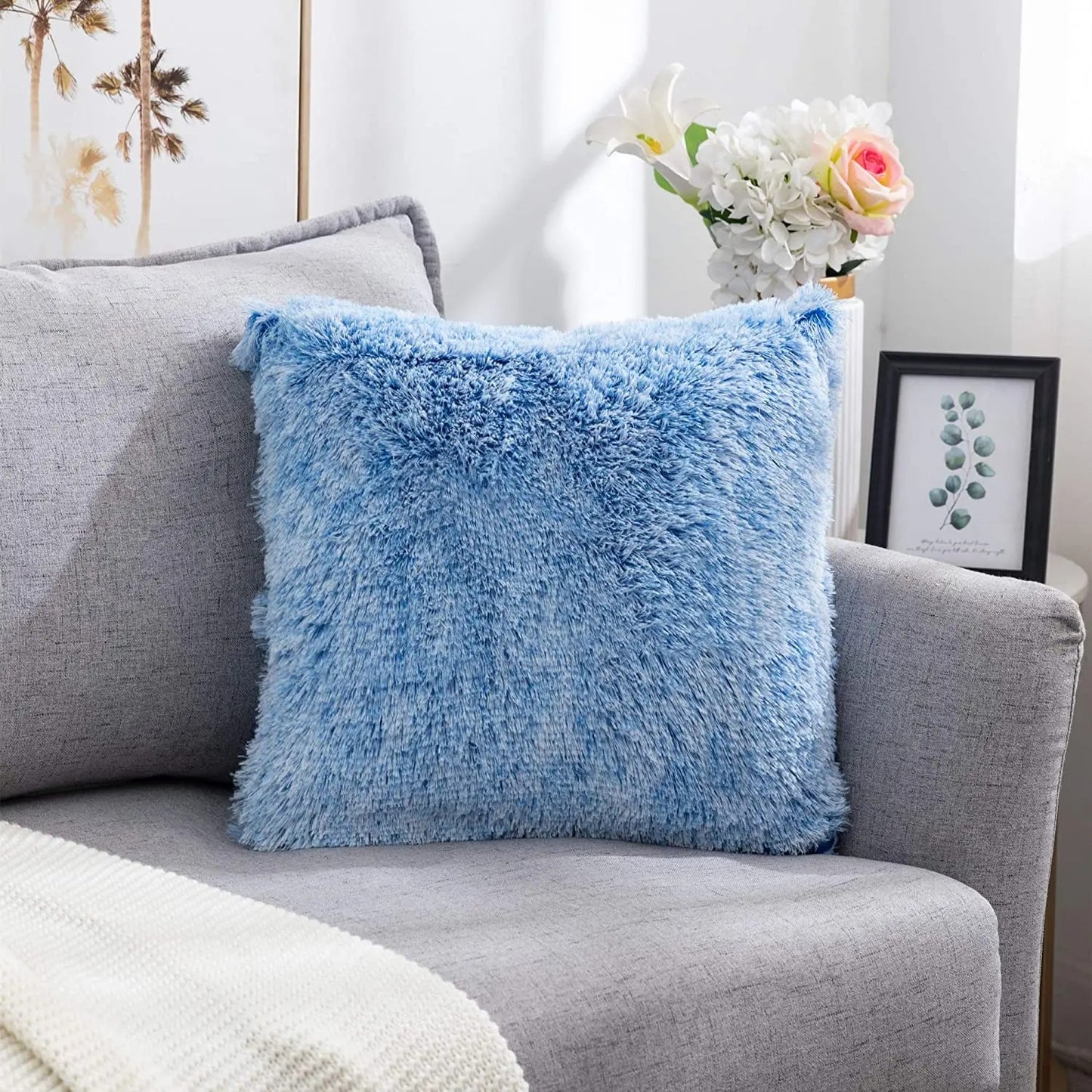 Housse de coussin<br> Fausse Fourrure Chiné Bleu