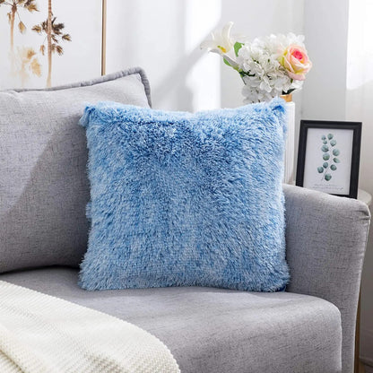 Housse de coussin<br> Fausse Fourrure Chiné Bleu