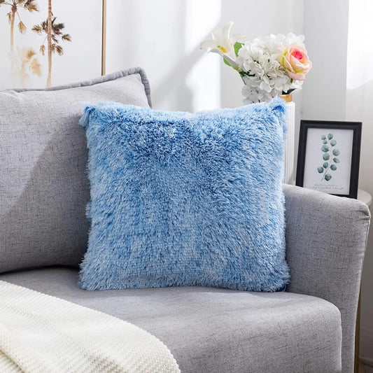 Housse de coussin<br> Fausse Fourrure Chiné Bleu