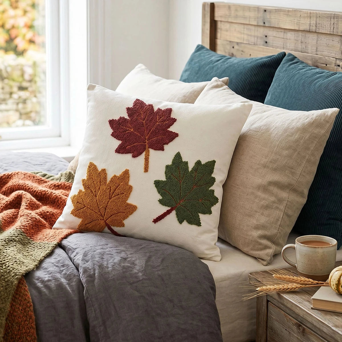 Housse de coussin Feuilles d'Érable Bordeaux et Vert sur un canapé Gris avec coussins Beige et Bleu