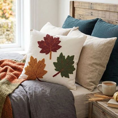 Housse de coussin Feuilles d'Érable Bordeaux et Vert sur un canapé Gris avec coussins Beige et Bleu