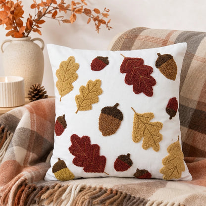 Housse de coussin avec glands et feuilles d'automne Bordeaux et Jaune Moutarde sur fond Blanc, 45x45cm