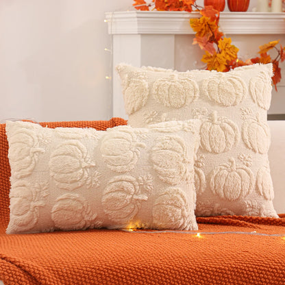 Housse de coussin Halloween Citrouille Écru à citrouilles en relief effet peluche, formats 45x45cm et 30x50cm