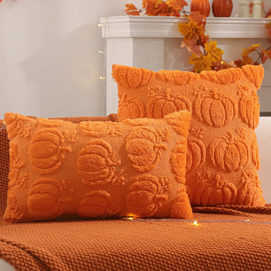 Housse de coussin Halloween Citrouille Orange à citrouilles en relief effet peluche, formats 45x45cm et 30x50cm