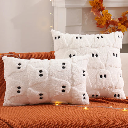 Housse de coussin Halloween Fantôme Boo Blanche à fantômes en relief effet peluche, formats 45x45cm et 30x50cm