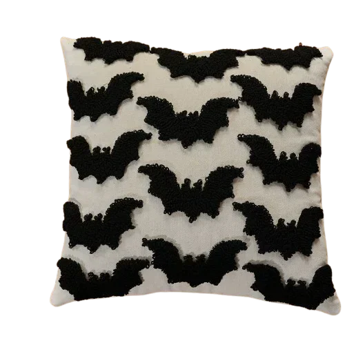 Housse de coussin Halloween Grosses Bouclettes Chauve-souris Noires sur fond Écru, format 45x45cm