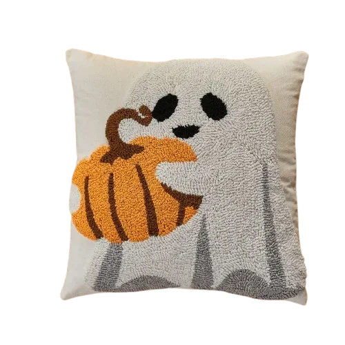 Housse de coussin Halloween Grosses Bouclettes Citrouille, fantôme et citrouille Orange sur fond Écru, format 45x45cm
