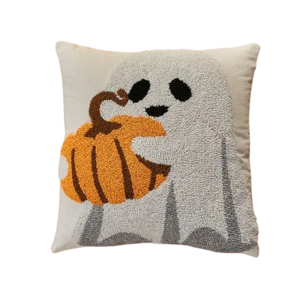 Housse de coussin Halloween Grosses Bouclettes Citrouille, fantôme et citrouille Orange sur fond Écru, format 45x45cm