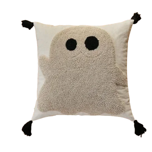Housse de coussin Halloween Grosses Bouclettes Grand Fantôme Beige à pompons Noirs, format 45x45cm