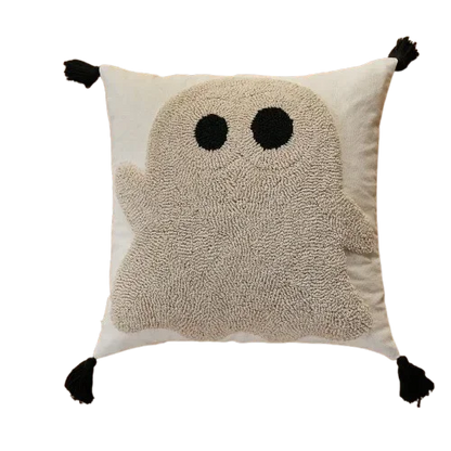 Housse de coussin Halloween Grosses Bouclettes Grand Fantôme Beige à pompons Noirs, format 45x45cm