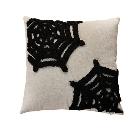 Housse de coussin Halloween Grosses Bouclettes Toiles d'araignée Noires sur fond Écru, format 45x45cm