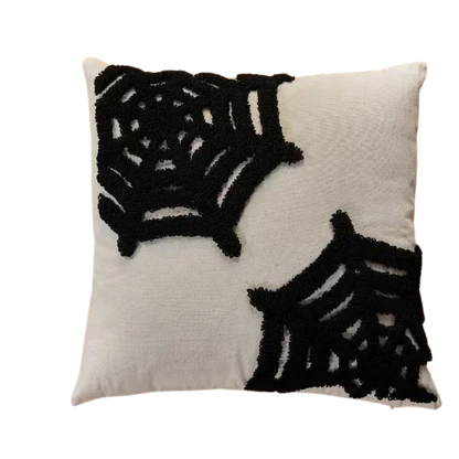 Housse de coussin Halloween Grosses Bouclettes Toiles d'araignée Noires sur fond Écru, format 45x45cm