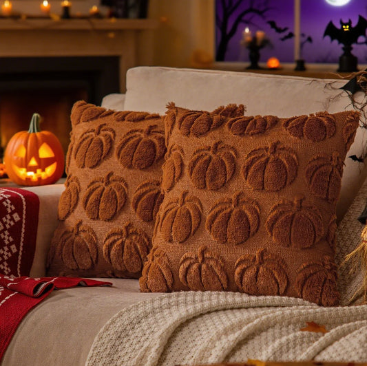 Deux housses de coussin Halloween Terracotta à citrouilles en relief sur un canapé, avec décor d'Halloween