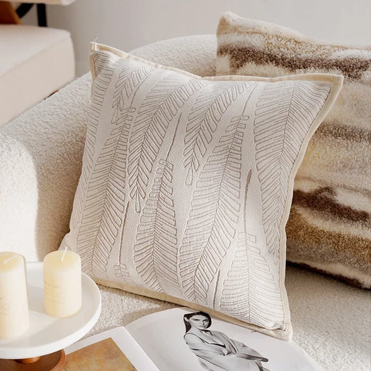 Housse de coussin Jacquard<br> Ivoire - Feuille