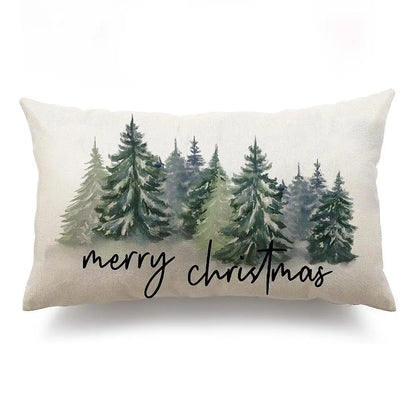 Housse de coussin rectangulaire Merry Christmas avec forêt de sapins Vert façon aquarelle, 30x50cm