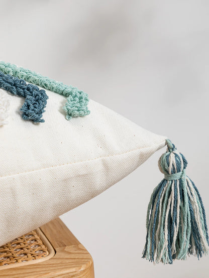 Housse de coussin motif Ethnique Bouclettes et Pompons Bleu