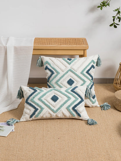 Housse de coussin motif Ethnique Bouclettes et Pompons Bleu