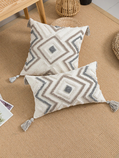 Housse de coussin motif Ethnique Bouclettes et Pompons Bleu