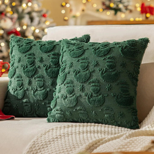 Housse de coussin Noël Snowman en relief effet peluche Vert Sapin, format 45x45cm