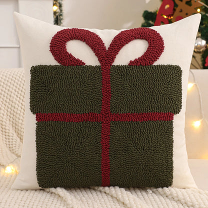 Housse de coussin de Noël bouclette avec un cadeau Vert Sapin et un ruban Rouge, 45x45cm