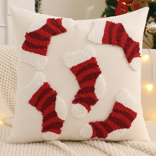 Housse de coussin de Noël bouclette avec des chaussettes Rouges rayées, 45x45cm
