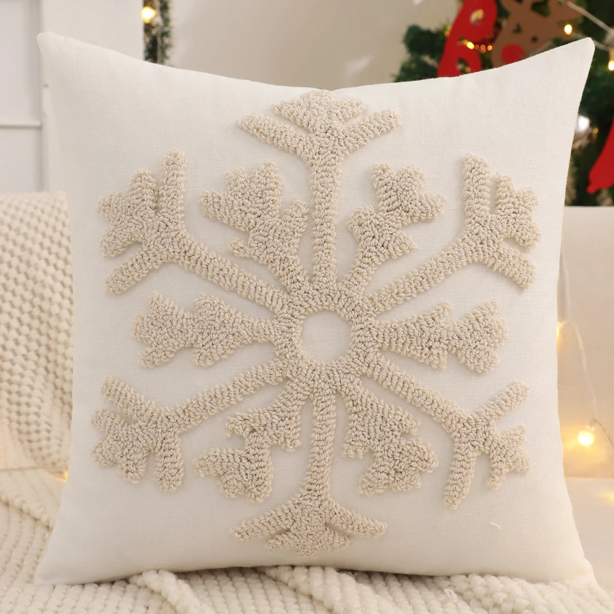 Housse de coussin de Noël bouclette avec un grand flocon Beige ton sur ton, 45x45cm
