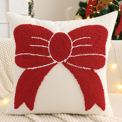 Housse de coussin de Noël bouclette avec un nœud Rouge sur fond clair, 45x45cm