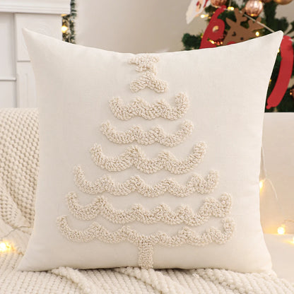 Housse de coussin de Noël bouclette avec un sapin à étages Beige ton sur ton, 45x45cm