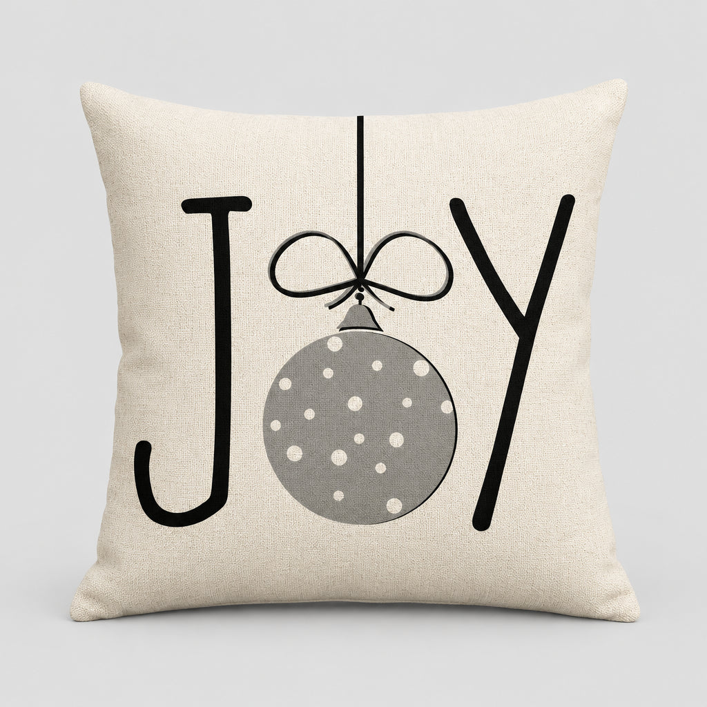 Housse de coussin de Noël Joy, boule de Noël grise sous le mot JOY sur fond Beige, 45x45cm
