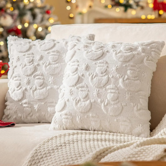 Housse de coussin Noël Peluche Snowman Blanc, motif en relief ton sur ton, format 45x45cm