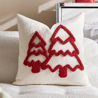 Housse de coussin de Noël Pinetree Rouge avec deux sapins en bouclette sur fond clair, 45x45cm