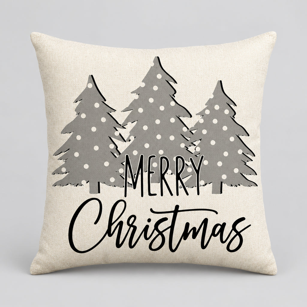 Housse de coussin de Noël Pinetree, trois sapins Gris à pois blancs et inscription Merry Christmas sur fond Beige, 45x45cm
