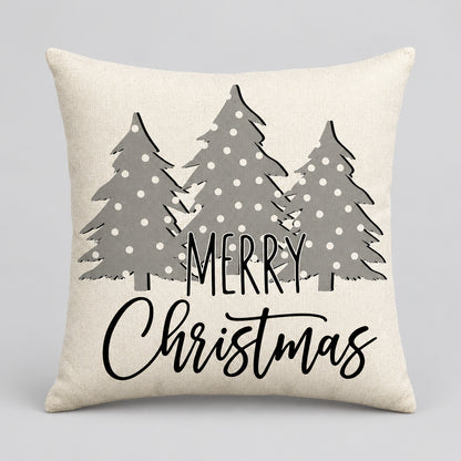 Housse de coussin de Noël Pinetree, trois sapins Gris à pois blancs et inscription Merry Christmas sur fond Beige, 45x45cm