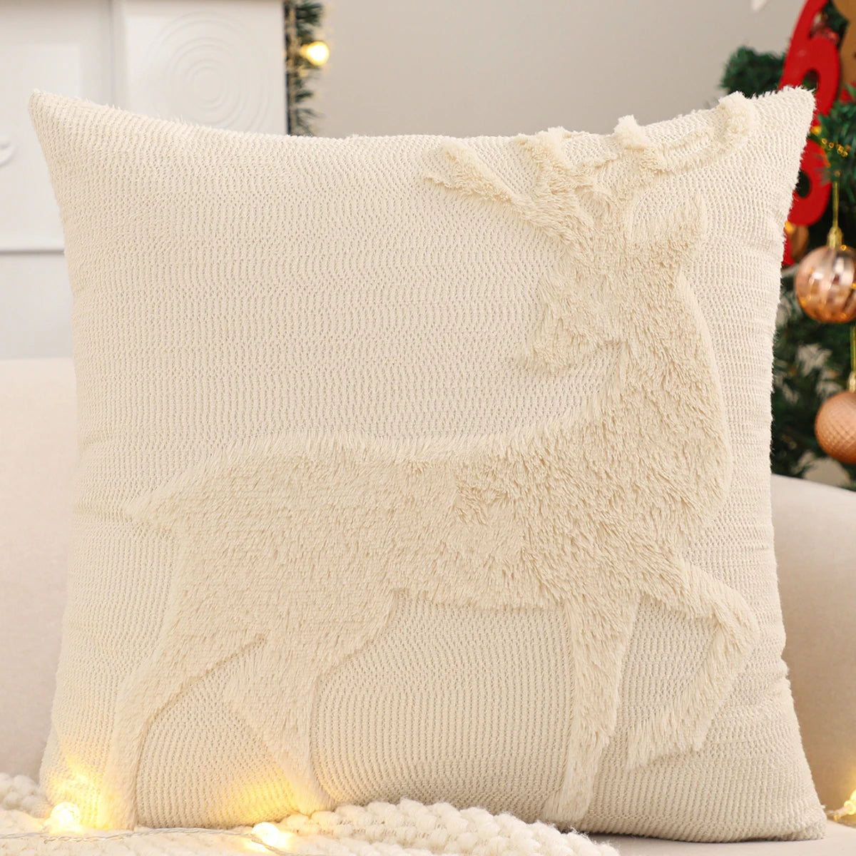 Housse de coussin de Noël Renne Ivoire avec renne en pied de profil, 45x45cm