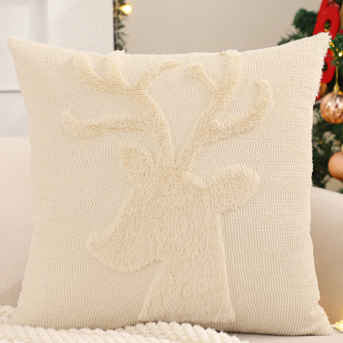 Housse de coussin de Noël Renne Ivoire avec tête de renne en relief, 45x45cm